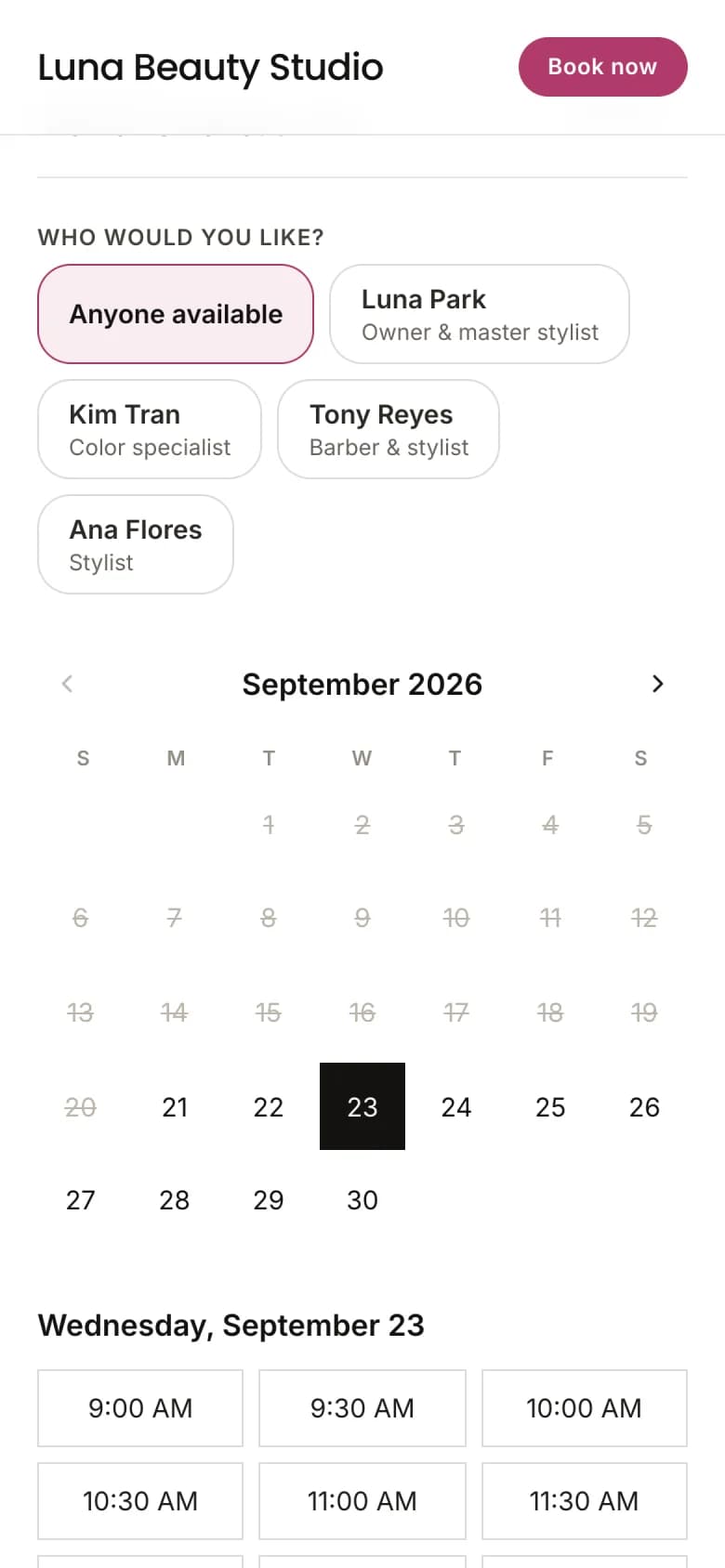 A client choosing a team member on a BookVAO booking page